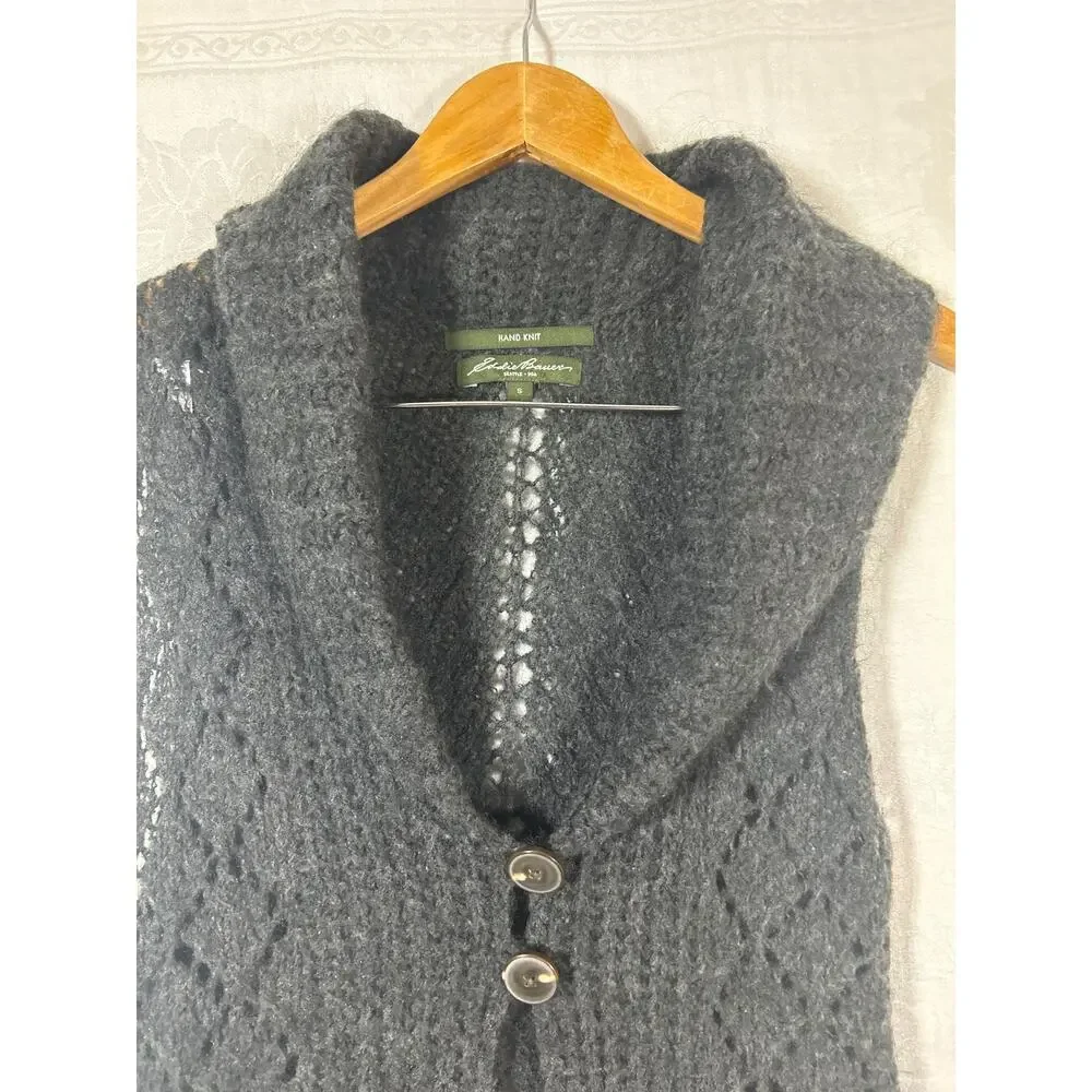 Eddie Bauer Sweater Vest Small Gray Hand Knit Open Mohair Blend Chunky Long - Picture 6 of 12